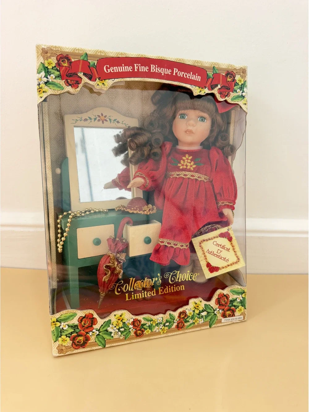 Collectors Choice Genuine Bisque Porcelain Doll With Wood Dressing Table W/COA
